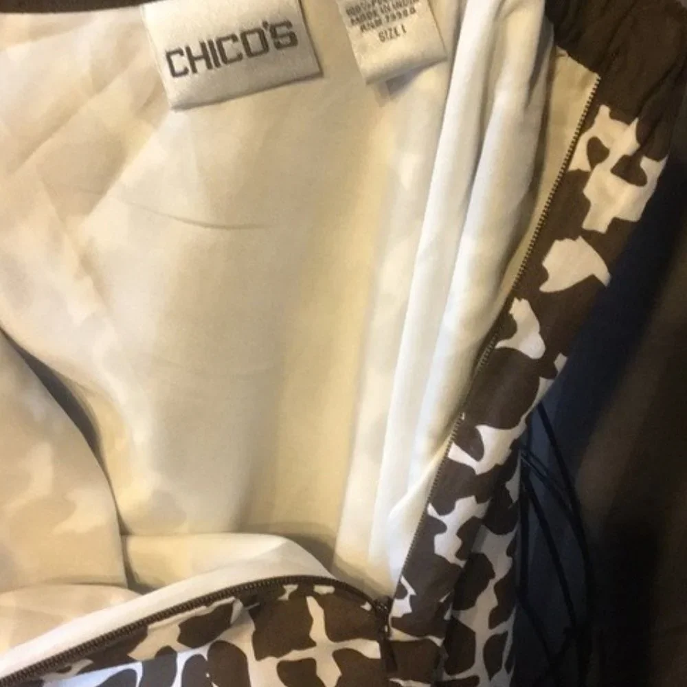 Chicos Animal Leopard Flared Midi Skirt Sz 1 M Brown Cotton Lined 28" EUC - Picture 9 of 14